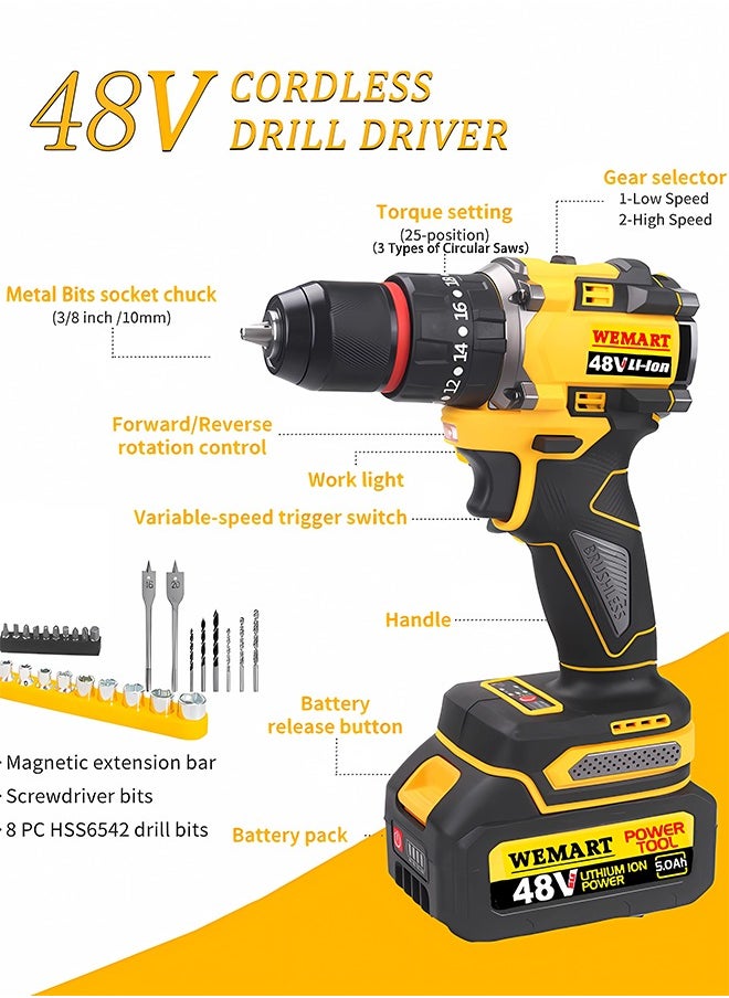 WEMART - 48V MAX Drill Tools,128PCS Tool Set,Cordless Drill,Electric Screwdriver，3/8" (10mm) Metal Chuck, 25+3 Position Clutch, LED Work Light, Tool Kit,Yellow - Image 1