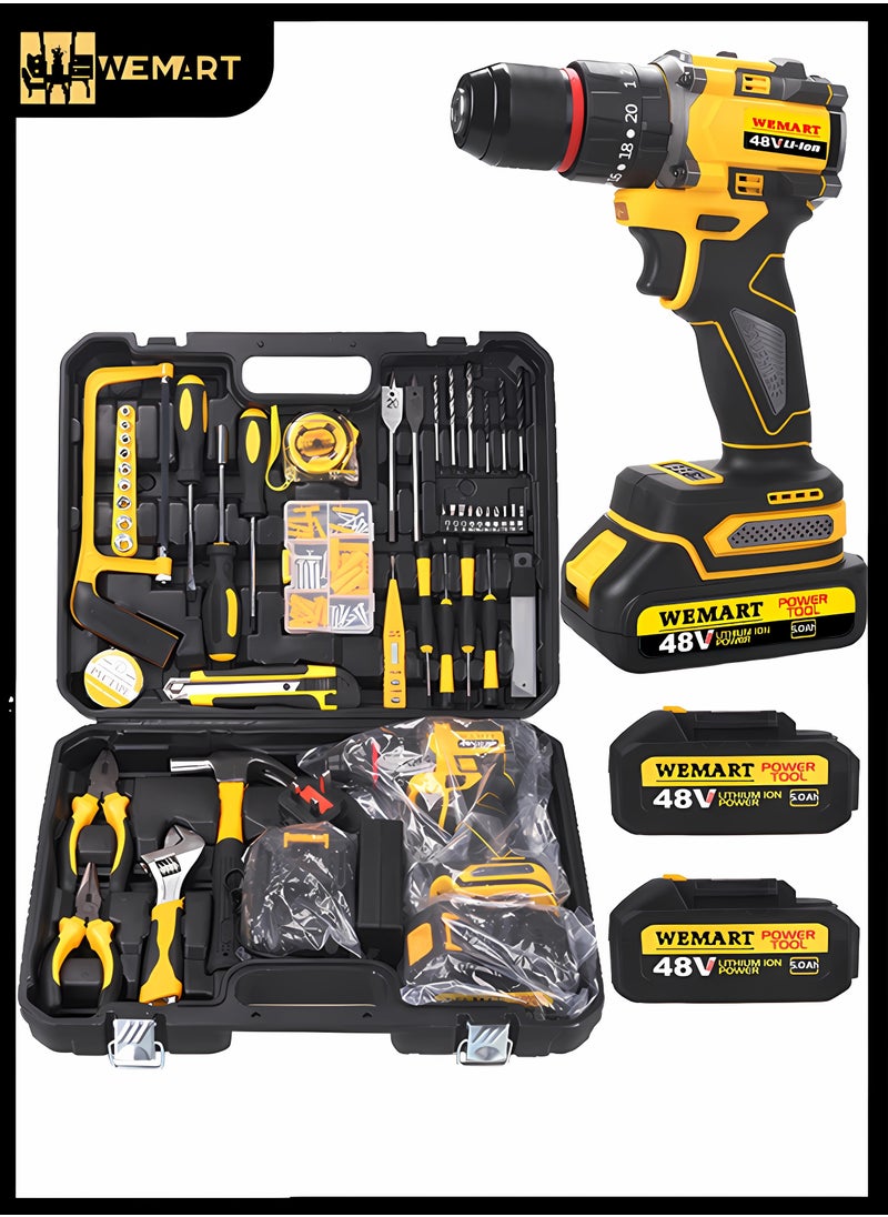 WEMART - 48V MAX Drill Tools,128PCS Tool Set,Cordless Drill,Electric Screwdriver，3/8" (10mm) Metal Chuck, 25+3 Position Clutch, LED Work Light, Tool Kit,Yellow - Image 1