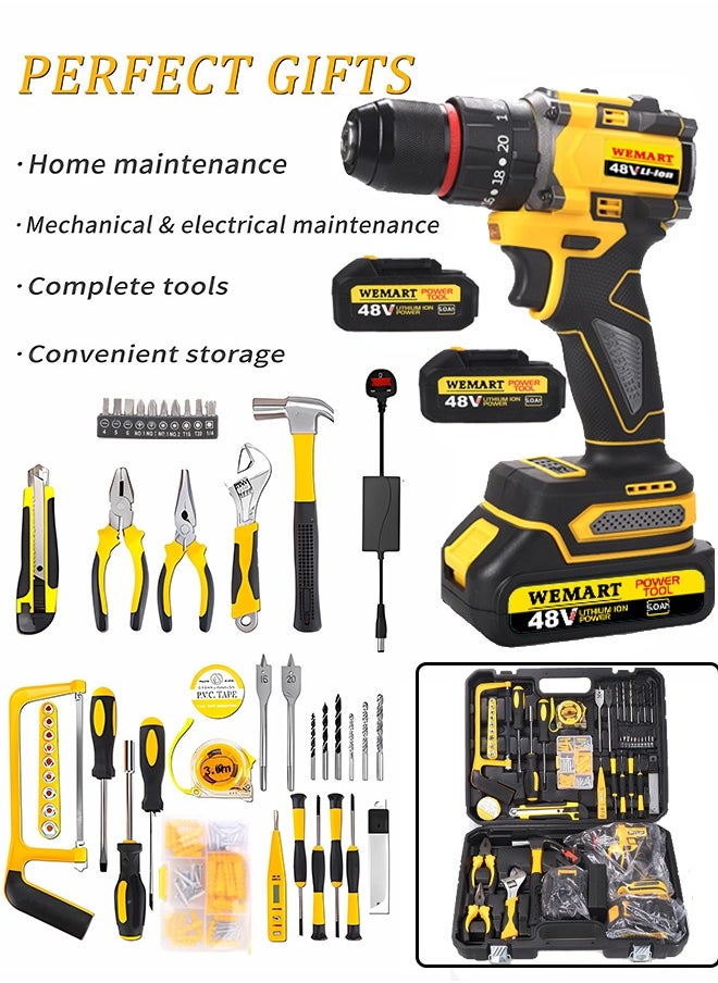WEMART - 48V MAX Drill Tools,128PCS Tool Set,Cordless Drill,Electric Screwdriver，3/8" (10mm) Metal Chuck, 25+3 Position Clutch, LED Work Light, Tool Kit,Yellow - Image 1