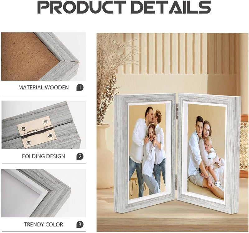 Wooden Folding Two-panel Picture Frame 6-inch Gray Blue Decorative Photo Frame for Tabletop Home and Party Décor - Image 3