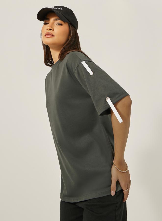 Styli Oversized Round Neck T-Shirt with Tape Detail  - Image 1