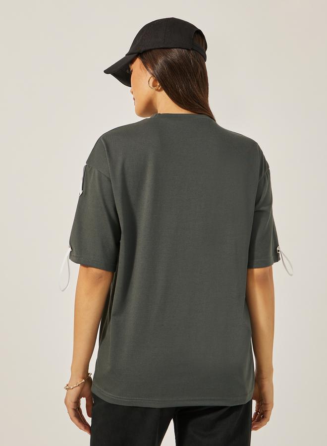 Styli Oversized Round Neck T-Shirt with Tape Detail  - Image 5