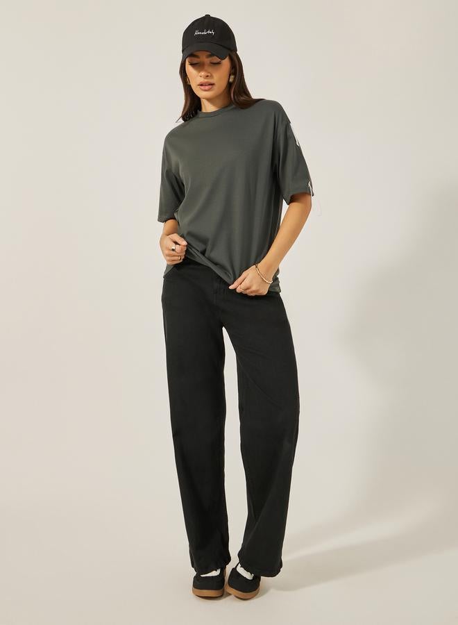 Styli Oversized Round Neck T-Shirt with Tape Detail  - Image 2