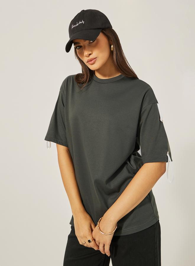 Styli Oversized Round Neck T-Shirt with Tape Detail  - Image 3