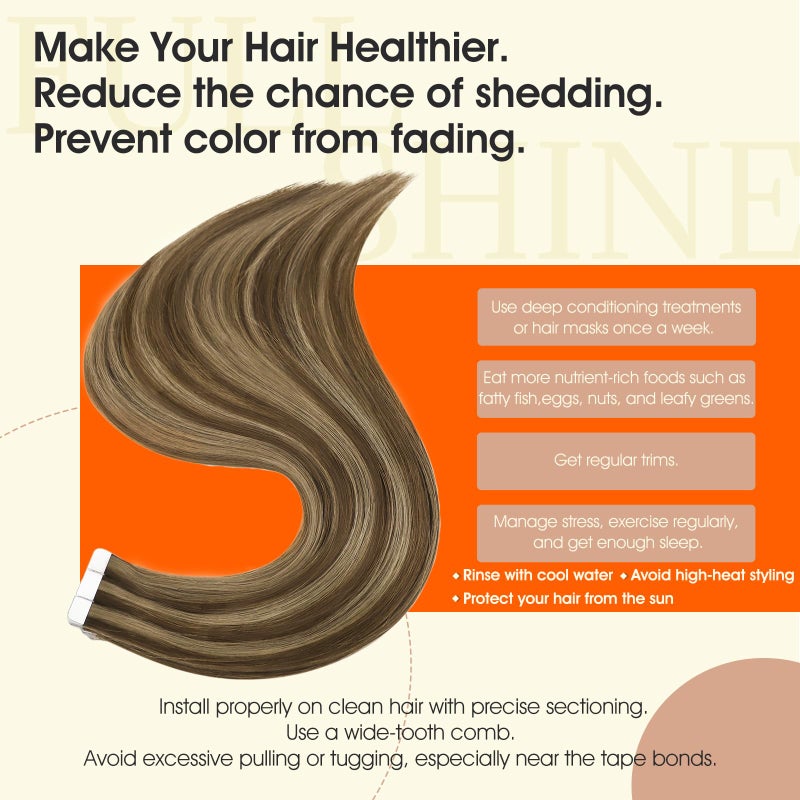 Full Shine Tape in Extensions Human Hair Medium Brown Highlighted Honey Blonde Tape ins Human Hair 14 Inch Real Human Hair Extensions Tape ins 50 Gram 20 Pcs Seamless Skin Weft Hair Extensions 4P27 - Image 3