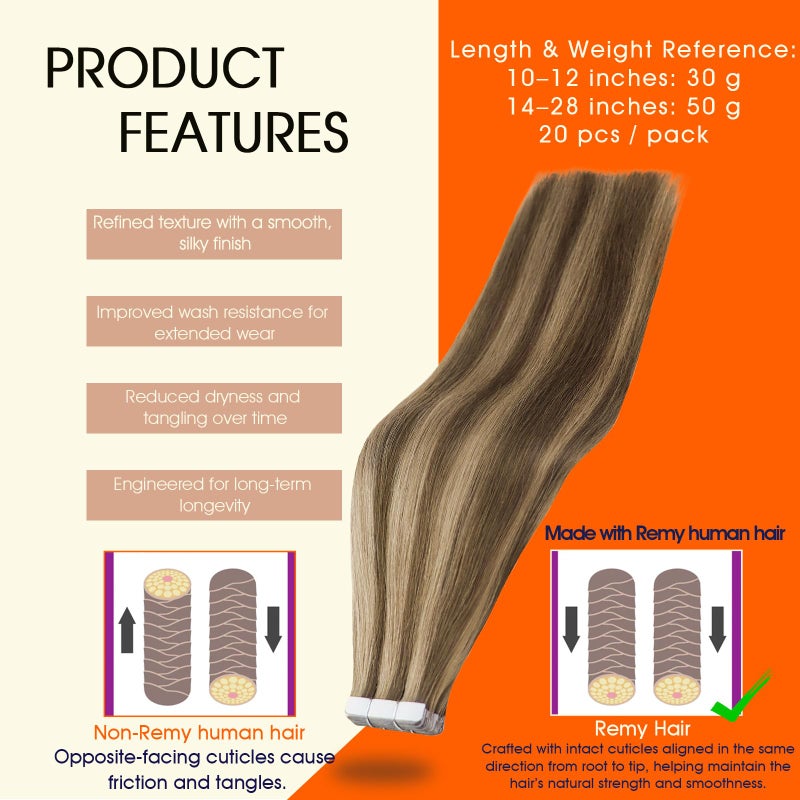 Full Shine Tape in Extensions Human Hair Medium Brown Highlighted Honey Blonde Tape ins Human Hair 14 Inch Real Human Hair Extensions Tape ins 50 Gram 20 Pcs Seamless Skin Weft Hair Extensions 4P27 - Image 2
