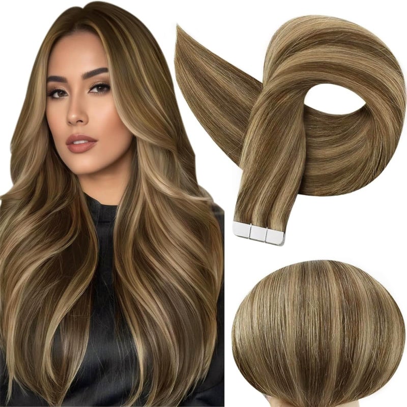 Full Shine Tape in Extensions Human Hair Medium Brown Highlighted Honey Blonde Tape ins Human Hair 14 Inch Real Human Hair Extensions Tape ins 50 Gram 20 Pcs Seamless Skin Weft Hair Extensions 4P27 - Image 1