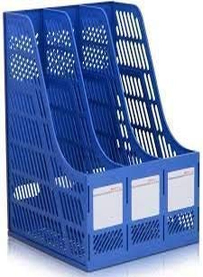 SANGOZ Desktop Magazine Holder Desk File Organizer 3 Compartments | Plastic Vertical File Dividers Book Holder & Cabinet Document Storage Rack (Blue - With Pen Stand), Tiered Shelf - Image 1