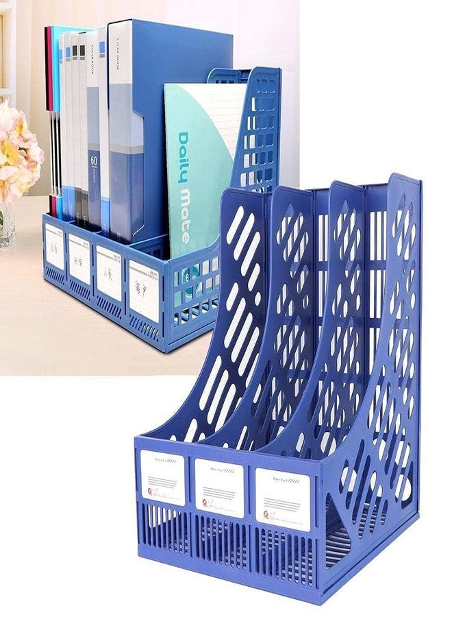 SANGOZ Desktop Magazine Holder Desk File Organizer 3 Compartments | Plastic Vertical File Dividers Book Holder & Cabinet Document Storage Rack (Blue - With Pen Stand), Tiered Shelf - Image 5