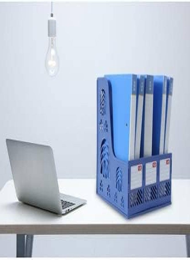 SANGOZ Desktop Magazine Holder Desk File Organizer 3 Compartments | Plastic Vertical File Dividers Book Holder & Cabinet Document Storage Rack (Blue - With Pen Stand), Tiered Shelf - Image 3