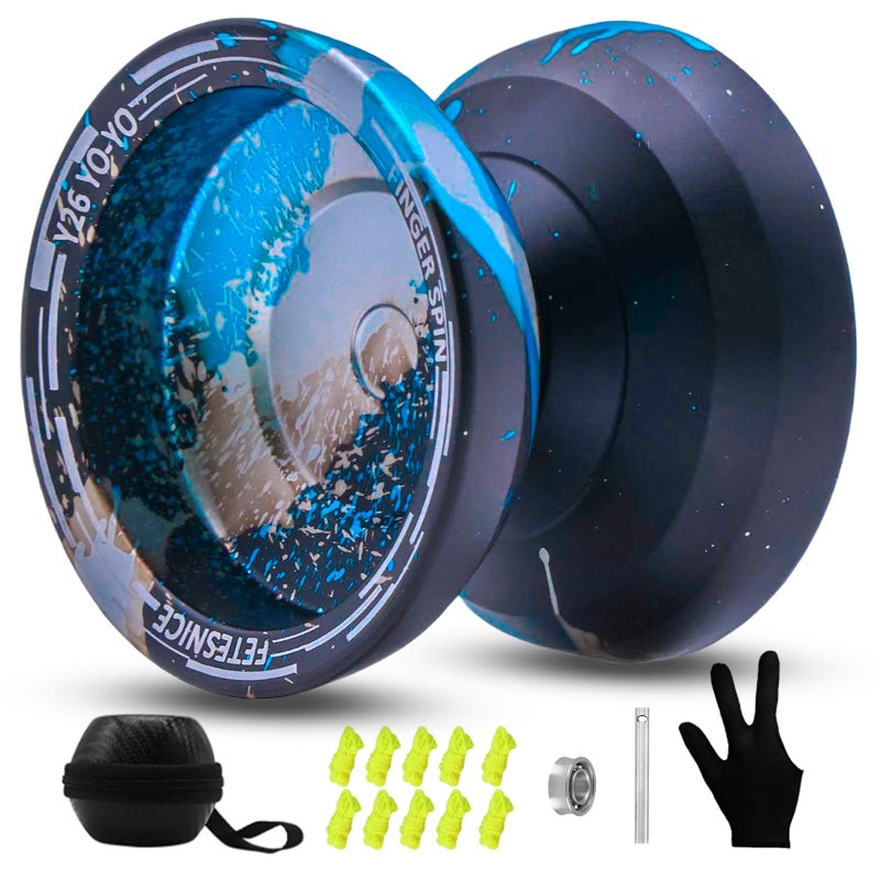 FETESNICE Y26 Professional Butterfly YoYo Dual Mode ResponsiveUnresponsive Finger Spin Yoyo for Kids Adults Competition Players Pro YoYo with 10 Strings Case GlovesBlack Blue Sliver - Image 3