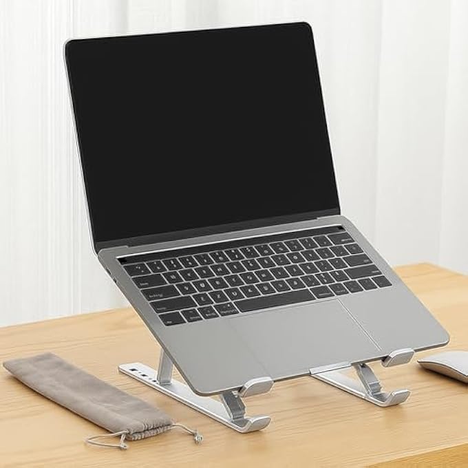 rayihni ALUMINUM LAPTOP STAND Â€“ MULTI-ANGLE ADJUSTABLE & FOLDABLE PORTABLE LAPTOP RISER WITH HEAT DISSIPATION, STURDY HOLDER FOR 10-17.3Â€ LAPTOPS, TABLETS, AND PHONES, LIGHTWEIGHT AND DURABLE - Image 2