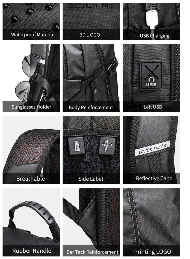 Arctic Hunter black Laptop Backpack For Unisex 28L Travel Backpack with 15.6-inch Laptop Pocket Compartment Business Backpack with Power Bank USB Port Water Resistant Premium Office Backpack, B00387, black for Men | Best Price UAE
