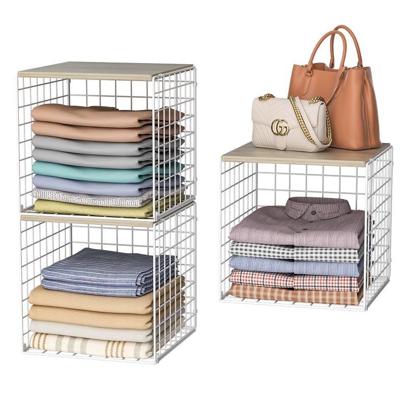 Hencawima 3PCS Stackable Closet Organizers and Storage, Closet Shelves with Wood Top Extra Storage, Clothes Storage Organizer Basket Bin/Cube for Home Wardrobe Organization(White-Sturdy Metal) Patent Pending - Image 1