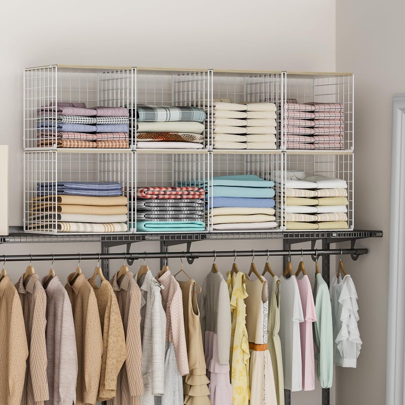 Hencawima 3PCS Stackable Closet Organizers and Storage, Closet Shelves with Wood Top Extra Storage, Clothes Storage Organizer Basket Bin/Cube for Home Wardrobe Organization(White-Sturdy Metal) Patent Pending - Image 4