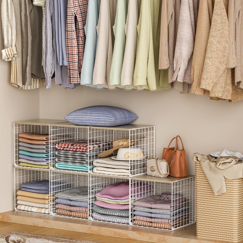 Hencawima 3PCS Stackable Closet Organizers and Storage, Closet Shelves with Wood Top Extra Storage, Clothes Storage Organizer Basket Bin/Cube for Home Wardrobe Organization(White-Sturdy Metal) Patent Pending - Image 2
