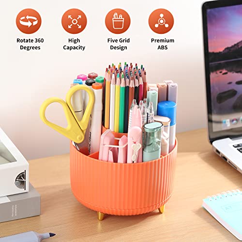 EDENMS Desk Pencil Pen Holder, 5 Slots 360°Degree Rotating Pen Organizers for Desk, Desktop Storage Stationery Supplies Organizer, Cute Pencil Cup Pot for Office, School, Home, Art Supply, Orange - Image 2