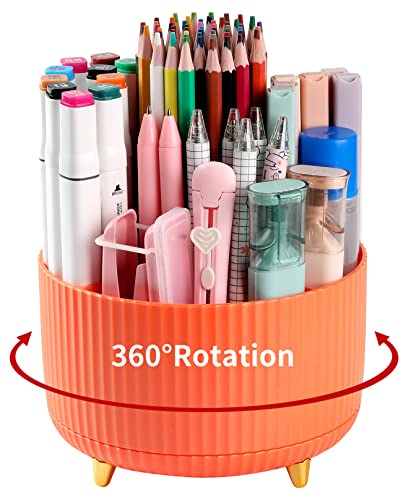EDENMS Desk Pencil Pen Holder, 5 Slots 360°Degree Rotating Pen Organizers for Desk, Desktop Storage Stationery Supplies Organizer, Cute Pencil Cup Pot for Office, School, Home, Art Supply, Orange - Image 1