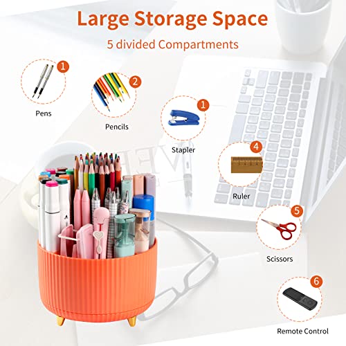 EDENMS Desk Pencil Pen Holder, 5 Slots 360°Degree Rotating Pen Organizers for Desk, Desktop Storage Stationery Supplies Organizer, Cute Pencil Cup Pot for Office, School, Home, Art Supply, Orange - Image 3