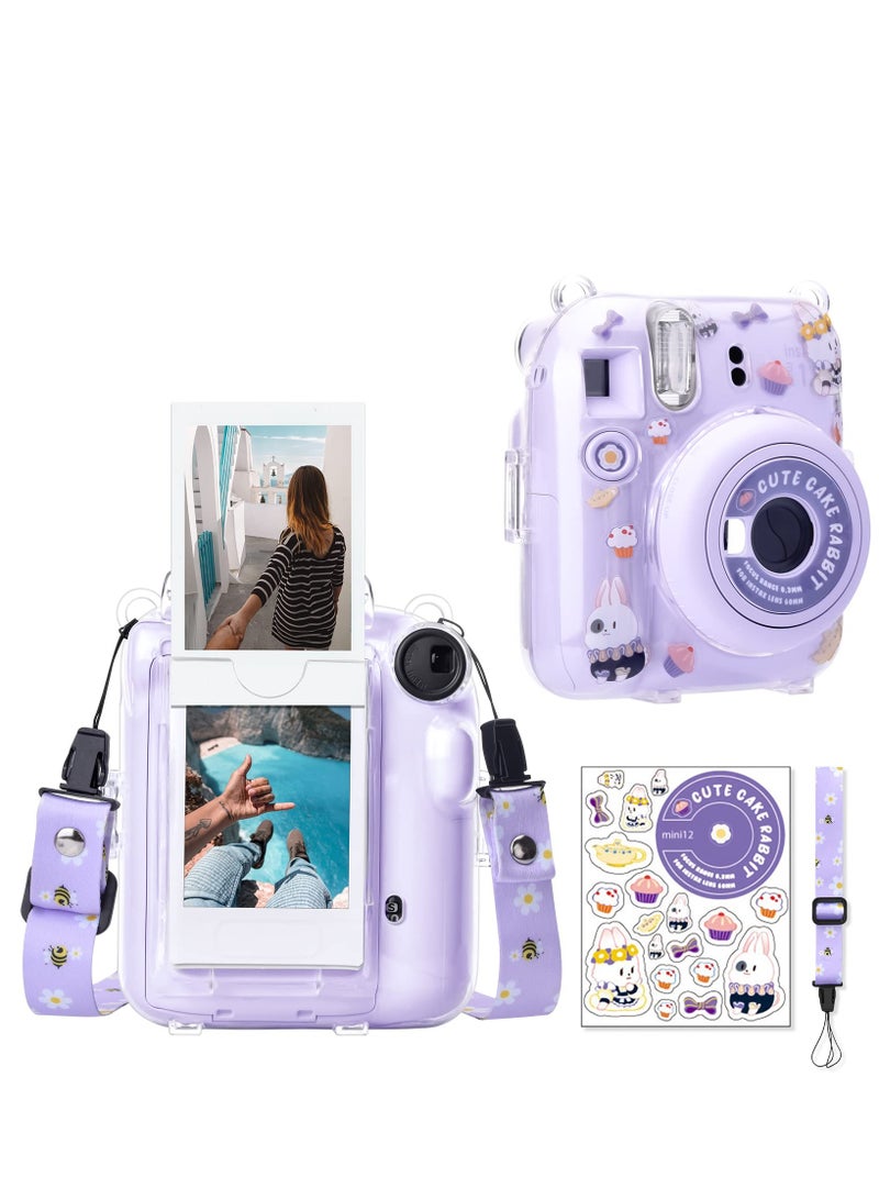 Clear Case Compatible with Fuji Instax Mini 12 Camera Hard PVC Case with Photos Pocket to Store 10 Photos - with Shoulder Strap & Camera Sticker - Purple  - Image 1