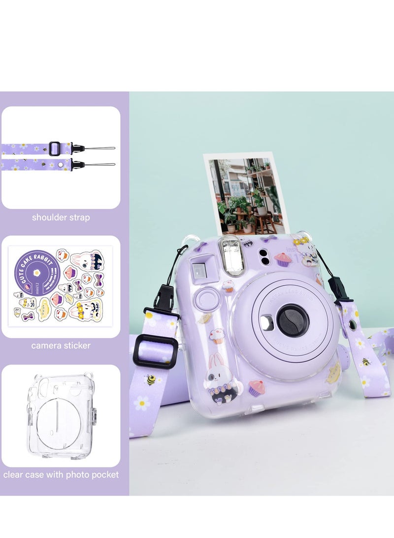 Clear Case Compatible with Fuji Instax Mini 12 Camera Hard PVC Case with Photos Pocket to Store 10 Photos - with Shoulder Strap & Camera Sticker - Purple  - Image 2