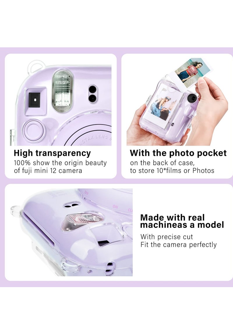 Clear Case Compatible with Fuji Instax Mini 12 Camera Hard PVC Case with Photos Pocket to Store 10 Photos - with Shoulder Strap & Camera Sticker - Purple  - Image 5