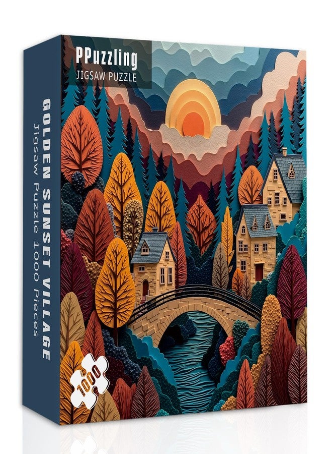 PPuzzling Mountain Forest Puzzles for Adults 1000 Pieces, Colorful Valley River Paper Cut Jigsaw Puzzle, Sunset Landscape Puzzle - Image 1