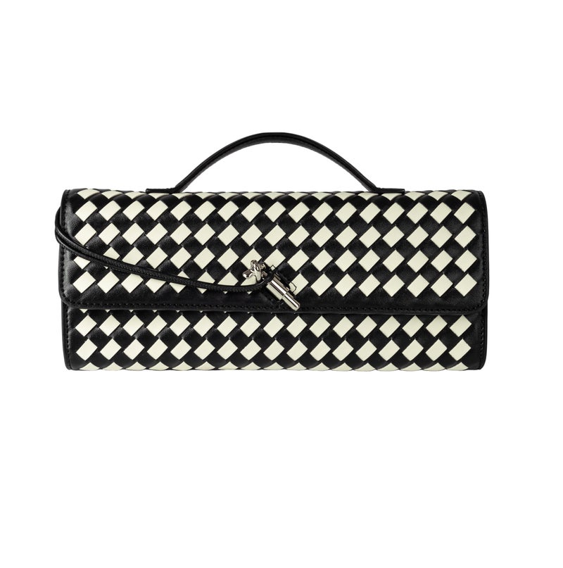 Joryin Woven Purse for Women Evening Clutch Woven Leather Handbags Crossbody Bag Purse Formal Evening Bag, Black White - Image 1
