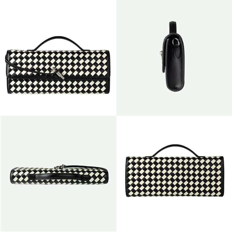 Joryin Woven Purse for Women Evening Clutch Woven Leather Handbags Crossbody Bag Purse Formal Evening Bag, Black White - Image 3