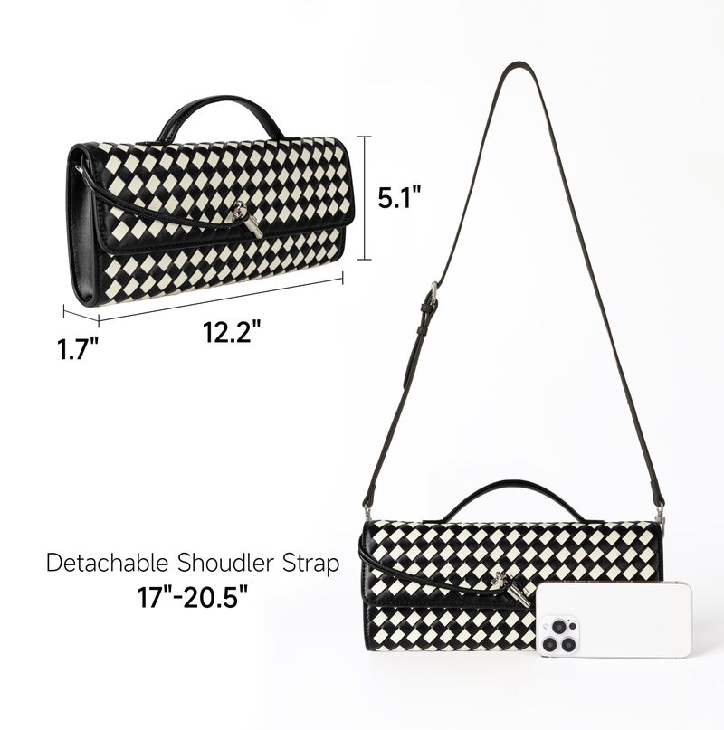 Joryin Woven Purse for Women Evening Clutch Woven Leather Handbags Crossbody Bag Purse Formal Evening Bag, Black White - Image 4