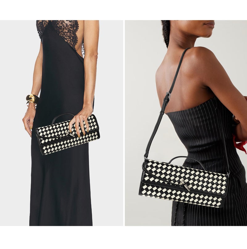 Joryin Woven Purse for Women Evening Clutch Woven Leather Handbags Crossbody Bag Purse Formal Evening Bag, Black White - Image 2