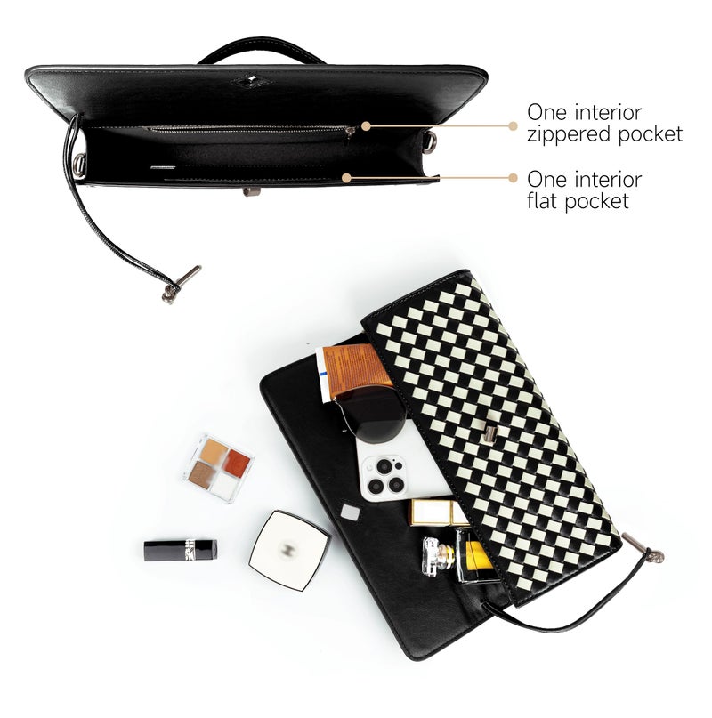 Joryin Woven Purse for Women Evening Clutch Woven Leather Handbags Crossbody Bag Purse Formal Evening Bag, Black White - Image 5