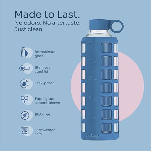 purifyou 40oz / 32oz / 22oz / 12oz Borosilicate Glass Water Bottle with Time & Volume Markers, Silicone Sleeve, Stainless Steel Lid – Reusable Glass Bottle for Water & Juice (32oz Chinese Porcelain) - Image 4