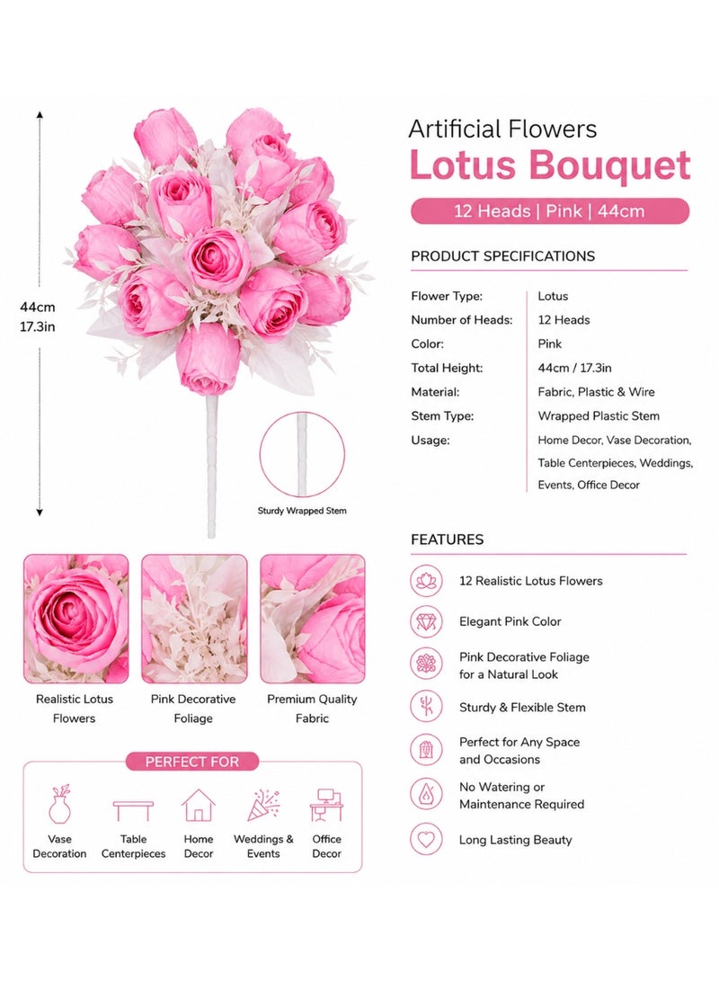 Artificial Flowers Lotus Bouquet, 12 Heads, Pink Color, 44Cm, For Vase Decoration, Table Centerpiece And Home Decor - Image 3