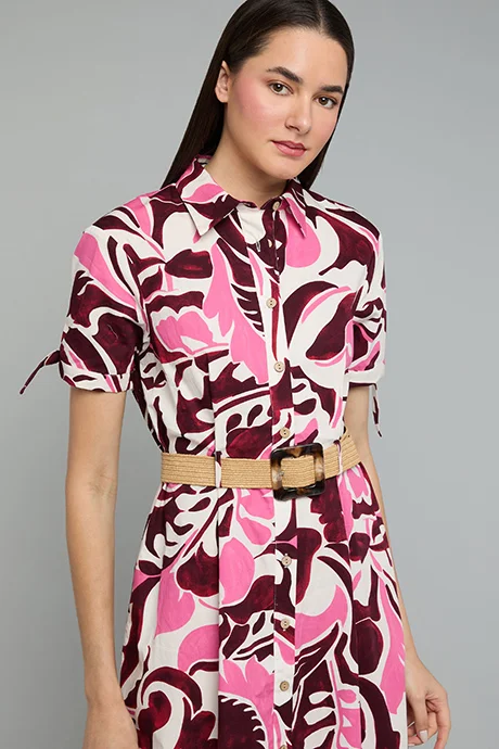 أر أند بي Patterned Shirt Dress with Short Sleeves