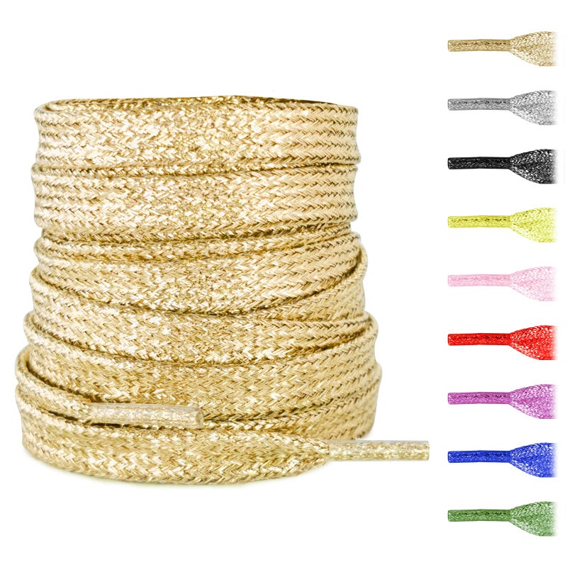 NDTEZUGT Flat Metallic Glitter Shoe Laces for Sneaker,5/16"(8mm) Sparkly Colorful Bling Sparkle Shoelaces Replacement Strings (Golden,47"/120cm) - Image 1