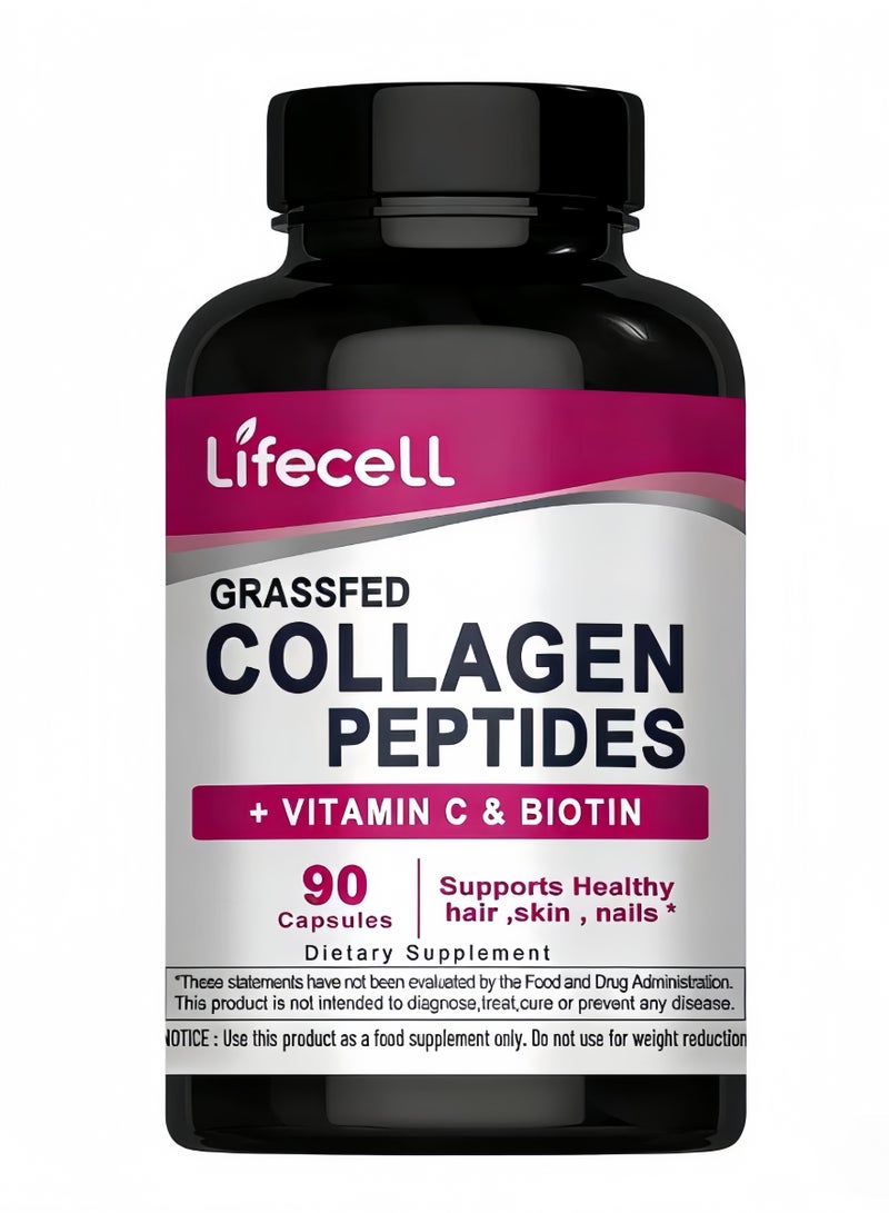 LifeCell Grass-Fed Collagen Peptides Capsules, 90 Count, with Vitamin C and Biotin, Supporting the Health and Care of Hair, Skin and Nails - Image 1