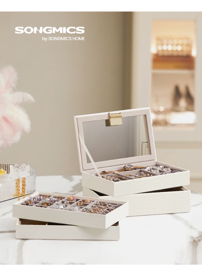 SONGMICS صناديق مجوهرات قابلة للتكديس من سونغميكس، صندوق مجوهرات مكون من 4 طبقات، علبة مجوهرات كبيرة، غطاء زجاجي شفاف، 17 × 28 × 18.3 سم، لطاولة الزينة، فكرة هدية، أبيض سحابي - Image 2
