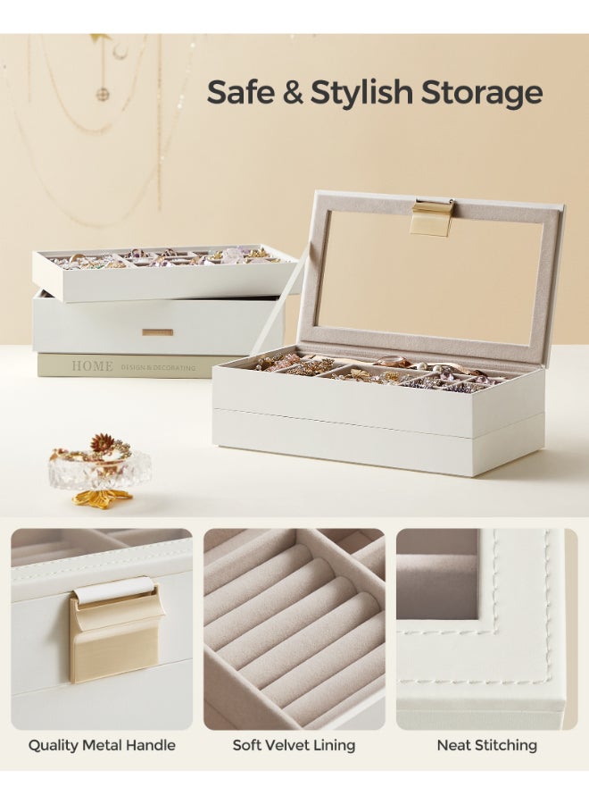 SONGMICS صناديق مجوهرات قابلة للتكديس من سونغميكس، صندوق مجوهرات مكون من 4 طبقات، علبة مجوهرات كبيرة، غطاء زجاجي شفاف، 17 × 28 × 18.3 سم، لطاولة الزينة، فكرة هدية، أبيض سحابي - Image 5