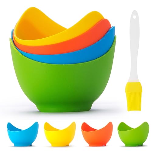 Mikim Silicone Egg Poacher Cups with Ring Standers, Nonstick Egg Poaching Cup for Stovetop Air Fryer Cooking, BPA Free, 4 Pack with Extra Oil Brush - Image 1