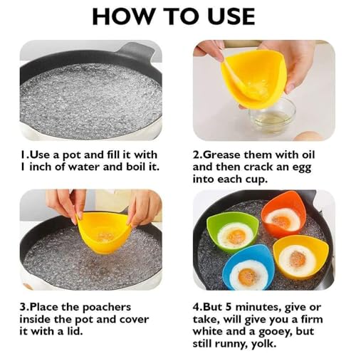 Mikim Silicone Egg Poacher Cups with Ring Standers, Nonstick Egg Poaching Cup for Stovetop Air Fryer Cooking, BPA Free, 4 Pack with Extra Oil Brush - Image 5