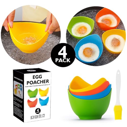 Mikim Silicone Egg Poacher Cups with Ring Standers, Nonstick Egg Poaching Cup for Stovetop Air Fryer Cooking, BPA Free, 4 Pack with Extra Oil Brush - Image 2