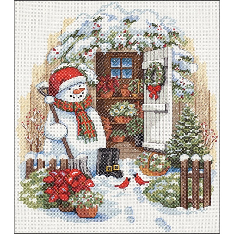 Dimensions Counted Cross Stitch Kit 'Garden Shed Snowman' 14 Count White Aida, 12'' x 14'' - Image 1