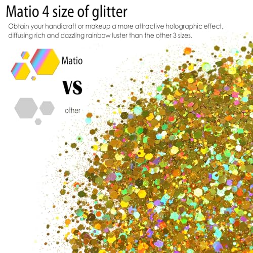 Matio Holographic Chunky Glitter, 7.8oz/220g Classic Gold Craft Glitter for Resin Chunky Nail Flake Sequin Mixed Fine Glitter Powder Bulk Holographic Glitters for Nails Tumbler Festival Decor - Image 2