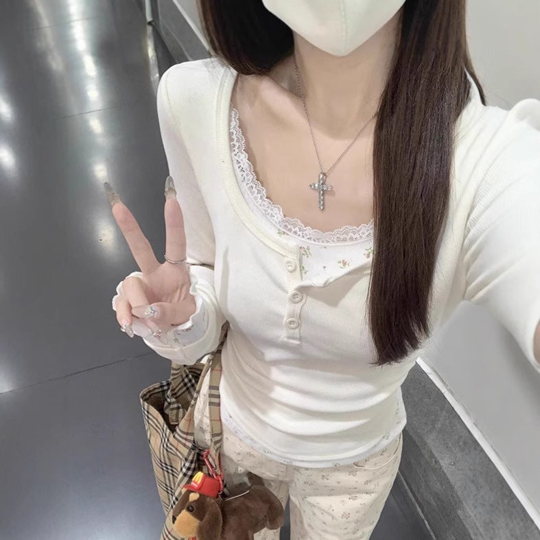 Bm Style Lace Fake Two-Piece U-Neck Long-Sleeved T-Shirt Women'S Autumn Slim-Fit Stitching Floral Chic Beautiful Base Jacket - Image 4
