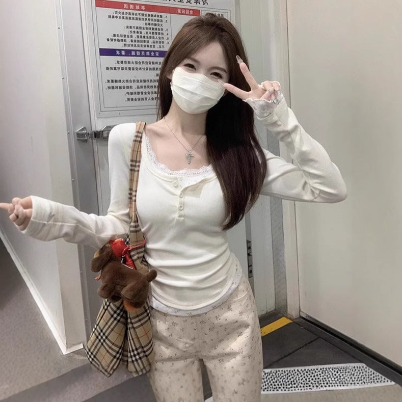 Bm Style Lace Fake Two-Piece U-Neck Long-Sleeved T-Shirt Women'S Autumn Slim-Fit Stitching Floral Chic Beautiful Base Jacket - Image 5