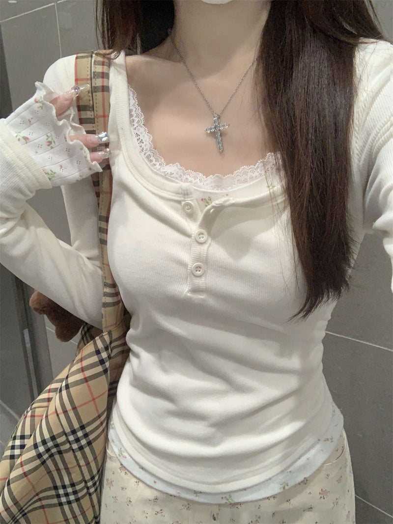 Bm Style Lace Fake Two-Piece U-Neck Long-Sleeved T-Shirt Women'S Autumn Slim-Fit Stitching Floral Chic Beautiful Base Jacket - Image 1