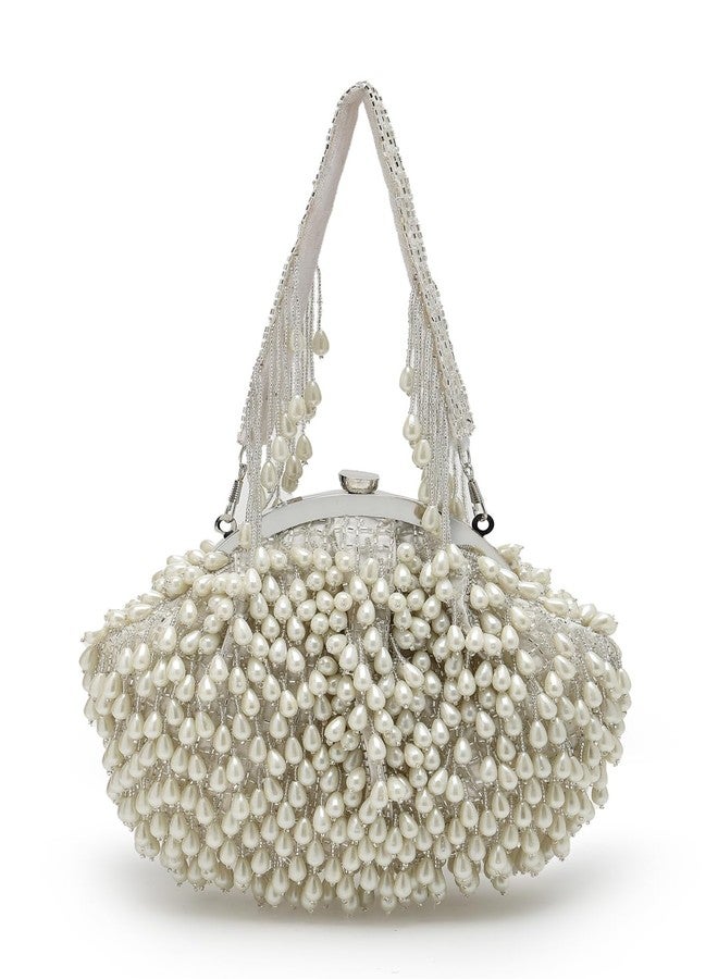 Anekaant Droop Pearl & Off White Pearl Embellished Faux Silk Clutch - Image 1