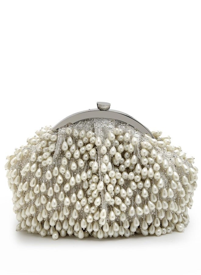 Anekaant Droop Pearl & Off White Pearl Embellished Faux Silk Clutch - Image 4