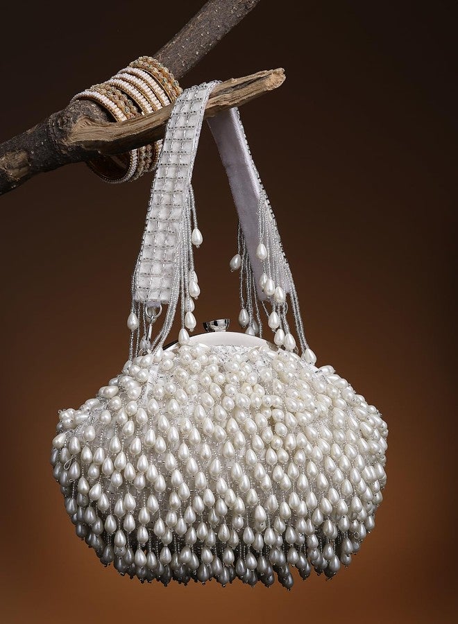 Anekaant Droop Pearl & Off White Pearl Embellished Faux Silk Clutch - Image 3